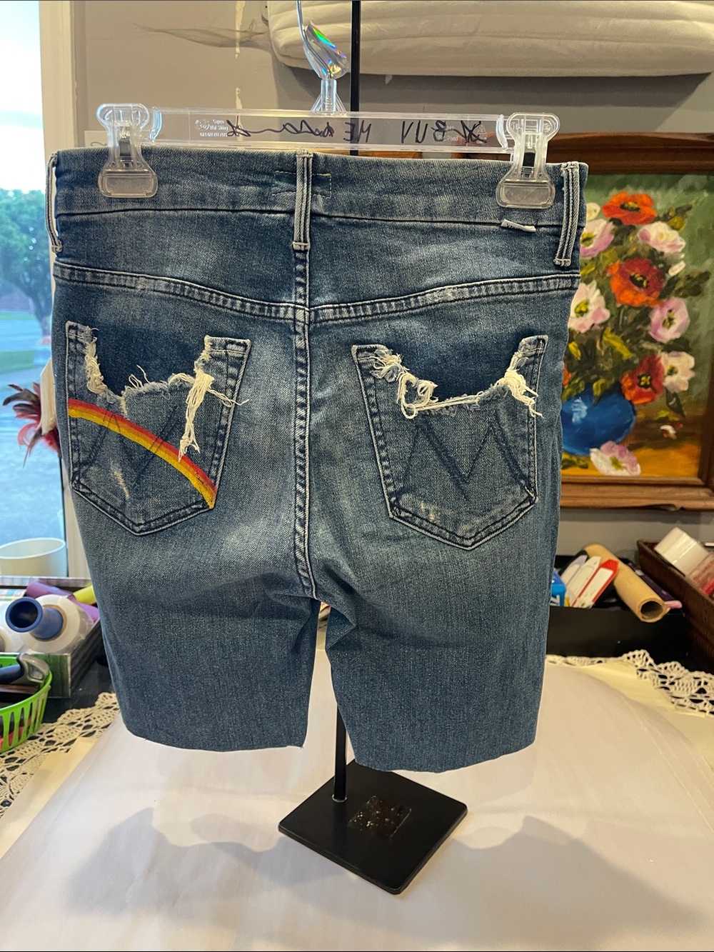 MOTHER Distressed Blue Denim Jean Shorts | Size 27 Rainbow Learning to Hula Wash